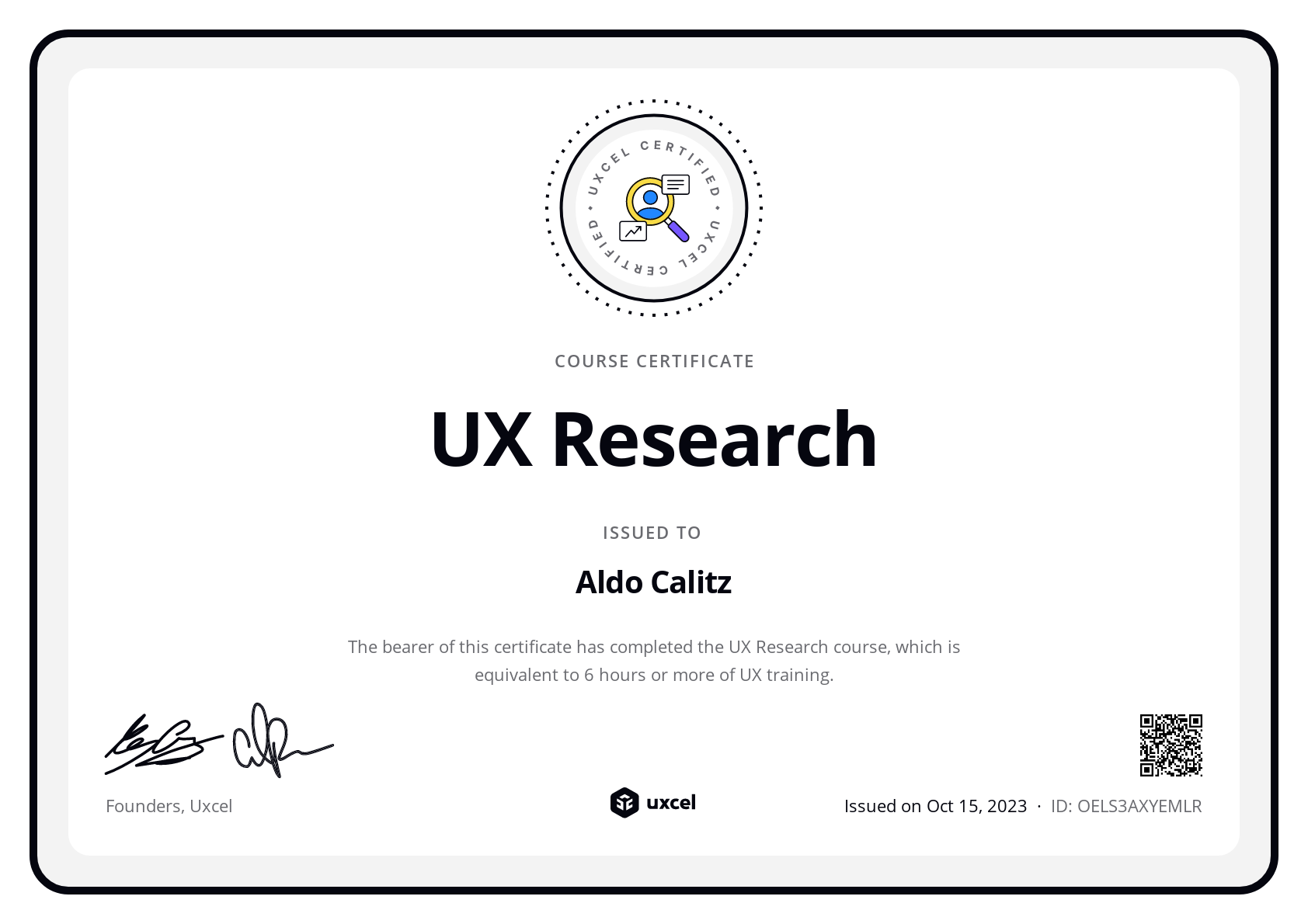 Aldo Calitz's certificate